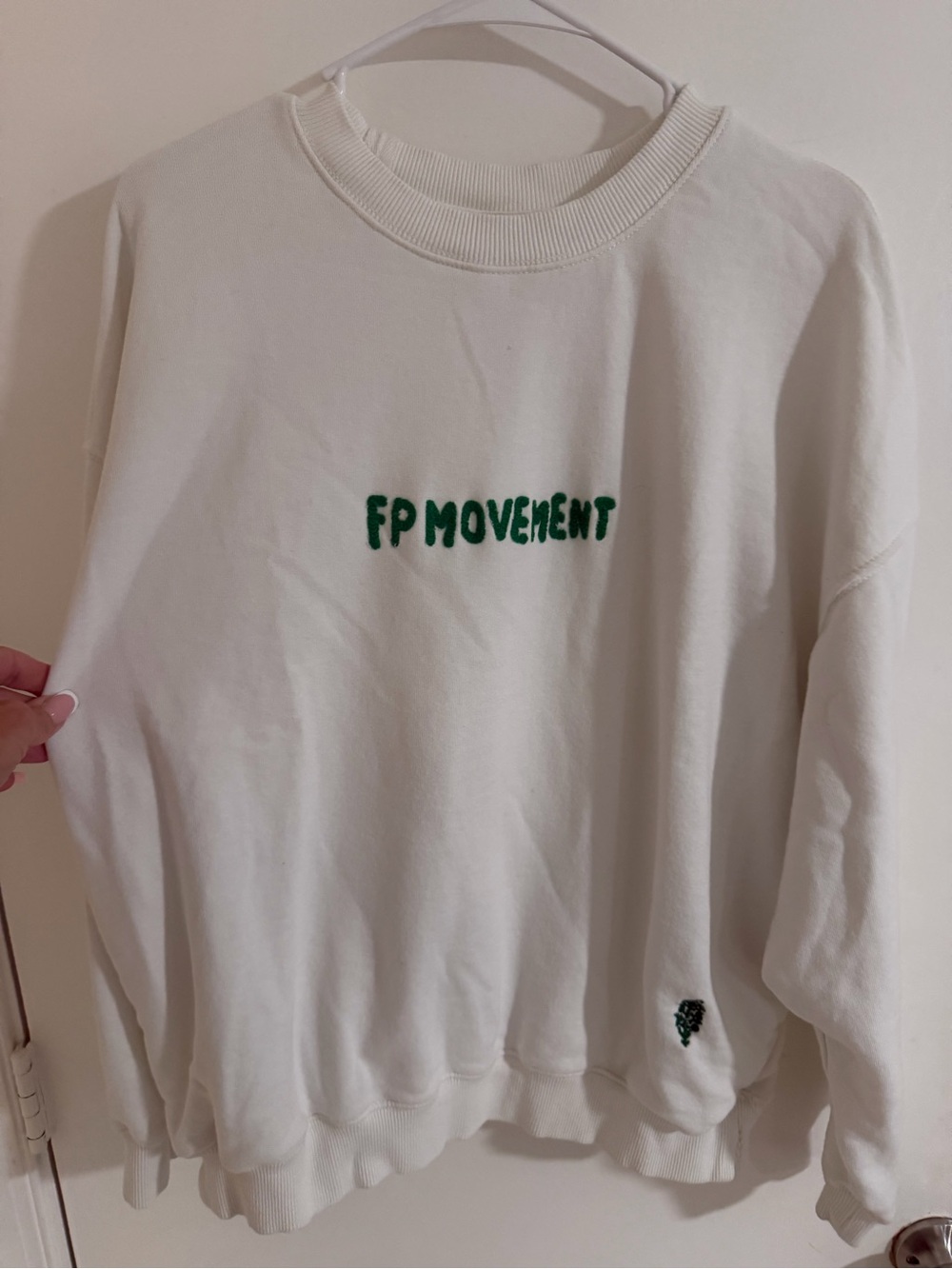 Free People Cream Crewneck Sweatshirt with Green Embroidered Logo